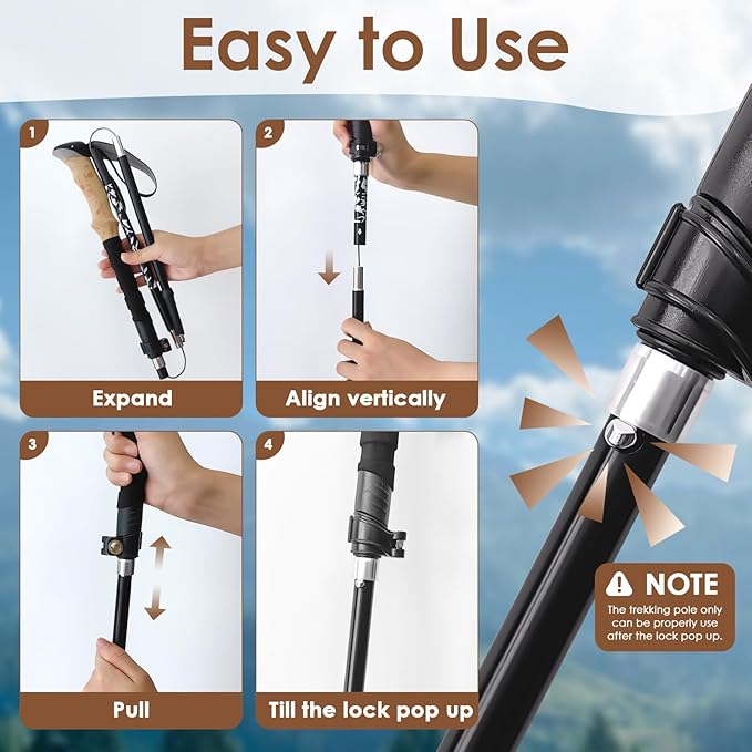 Hiking Poles Collapsible Trekking Poles, Lightweight Folding Walking Stick for Travel with EVA Handle, Walking Stick for Women Men, Adjustable Height, Set of 2