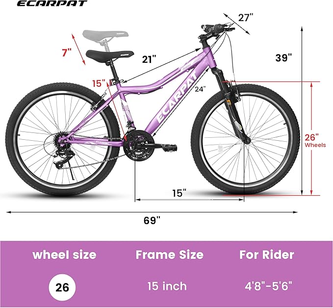 24 26 Inch Women Girls Mountain Bike, Disc/V Brakes 21 Speeds Women Bike, Sturdy Steel Frame and Suspension Fork, Stylish Adult and Teens Bicycle for Urban Trail Snow Commuter