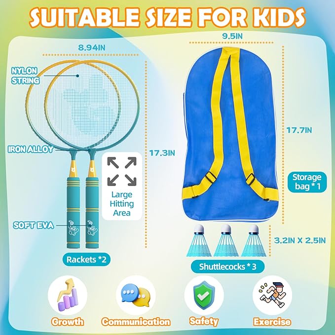 JOY SPOT! Kids Badminton Rackets Set with Soft Grip, Oversize & Lightweight Shuttlecocks Racquet with Carry Bag for Children Youth, 2 Player Sport Game for Indoor Outdoor Backyard