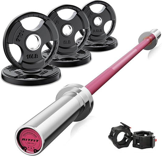 RitFit Barbell Weight Set - 4/6FT Olympic Barbell with Weight Plates (55-275LB Total) - Weightlifting Equipment for Squats, Curls, Deadlifts, Presses, Hip Thrusts