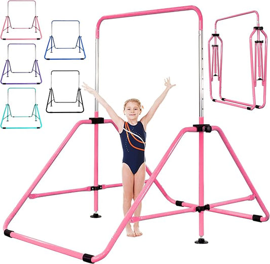 MARFULA Foldable Gymnastic Bar for Kids Ages 3-9, 9 Height Levels, 200 lbs Weight Capacity, 5 Ft Length Gymnastic Kip Bar with Mat, Gymnastic Equipment for Home and Gym Center Indoor Outdoor Use