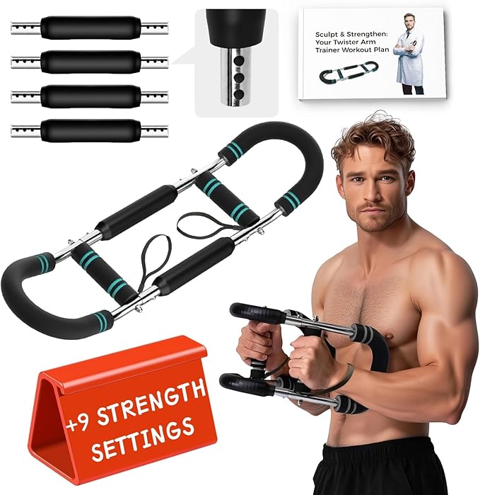 Weekly Chest Arm Training Plan Included – 2025 Upgraded 9 Resistance Levels (20-140LBS) Adjustable Twister Trainer with 4 Springs & Workout Poster, Arm Workout for Men