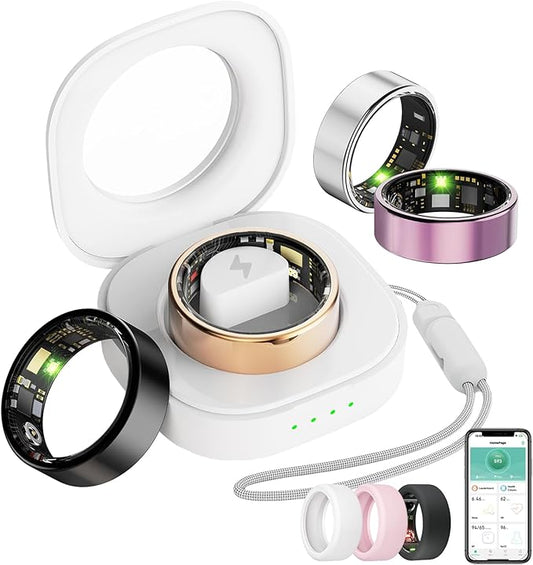 Smart Ring For Women Men, Health Tracker with Heart Rate/Blood Oxygen/Blood Pressure/Sleep Monitoring/Step Counting, IP68 Waterproof Fitness ring, No App Fees for iPhone & Android (Silver, 8#)