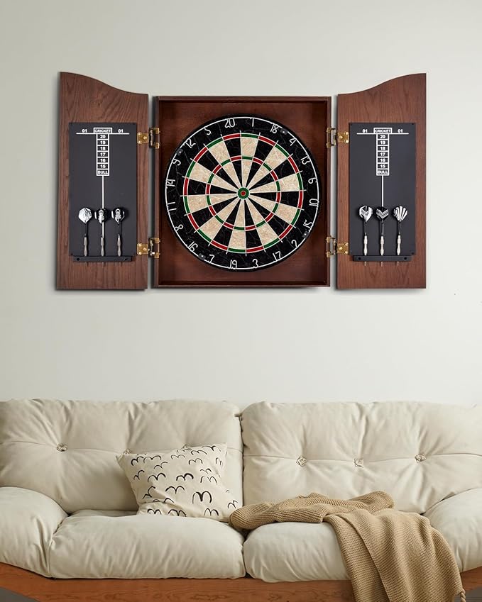 Sisal Dart Board Cabinet Sets, Decorative Dart Boards for Adults [12*Steel Darts] - Wooden Dartboard Cabinet with Integrated Scoreboard for Family Game Rooms