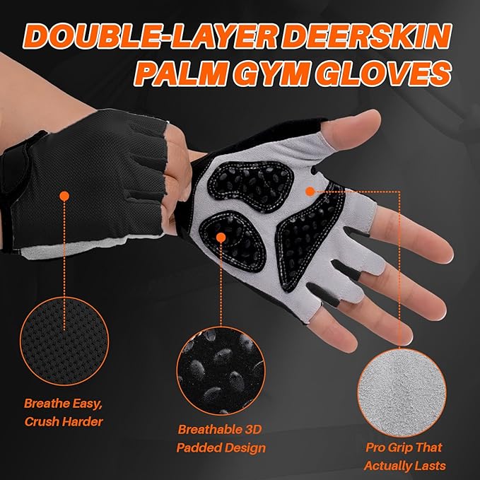 Double-Layer Deerskin Palm Gym Gloves: Anti-Slip Workout Gloves for Men & Women | Weight Lifting, Cycling, Rowing | Breathable 3D Padded Design