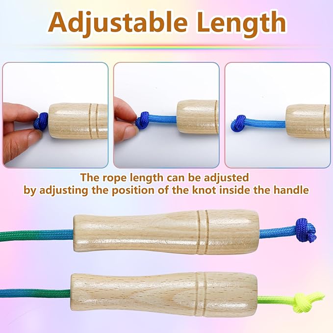 2 PCS Long Jump Ropes, 16 FT Adjustable Skipping Rope for Kids, Double Dutch Jumping Ropes, Rainbow Jump Rope with Wooden Handle, Nylon Jumping Rope for Outdoor Fun, Party Game