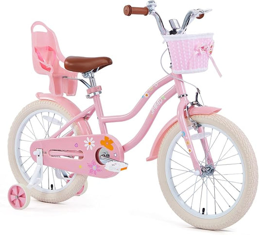 JMMD Girls Bike for 4-12 Years Old Kids, 12 14 16 18 20 24 Kids Bike with Training Wheels, Basket and Doll Seat, Toddler Girls Bicycles with Handbrake & Kickstand, Multiple Colors