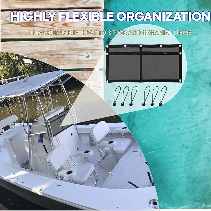 Boat Storage Bag,Polyester Boat Mesh Suspended Storage Bag,Black Boats Storage Mesh Pocket,Boat Seat Storage Bag for Leaning Post with 6 Positioning Elastic Loops. (32" L x 15" W (2 Pockets))