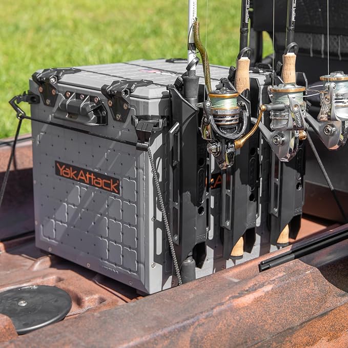 YakAttack BlackPak Pro 13" x 13" Fishing Crate with 3 Rod Holders - Battleship Grey | Compact Tackle Storage Box & Gear Organizer for Kayaks | Lightweight, Durable & Customizable Marine Accessory