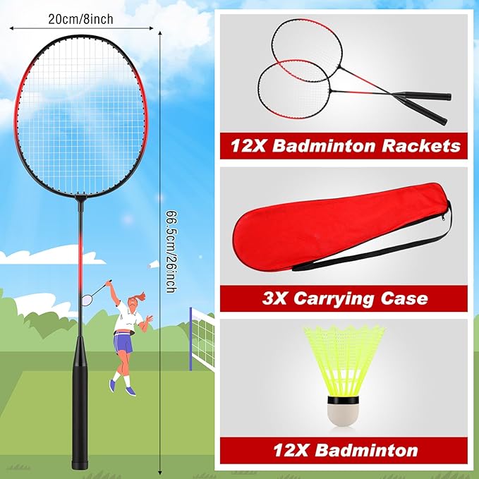 12 Pack Badminton Rackets Set Including Rackets, Nylon Shuttlecocks and Carry Bag for Outdoor Backyard Games Beginners