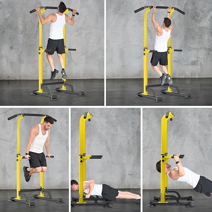 Dland Power Tower Pull Up Bar Dip Station and Height Adjustable Dip Bar Stand, Multi-Function Home Gym Exercise Equipment Strength Training Fitness Workout Station