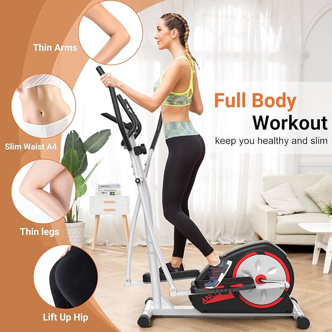 ANCHEER Elliptical Exercise Machine, Ultra-Silent Magnetic Elliptical Training Machines for Home Gym, 8 Resistance Levels Control with Pulse Rate Grips, LCD Monitor Max Capacity 380Lbs