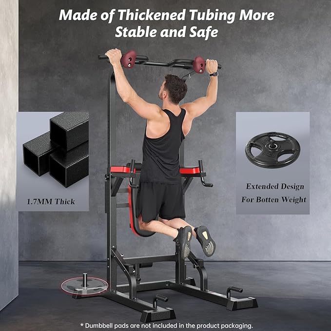 Pooboo Power Tower Dip Station Pull Up Bar for Fitness Home Gym Workout,Multi-Function Adjustable Height Fitness Strength Training Exercise Equipment,with Power Elastic Ropes