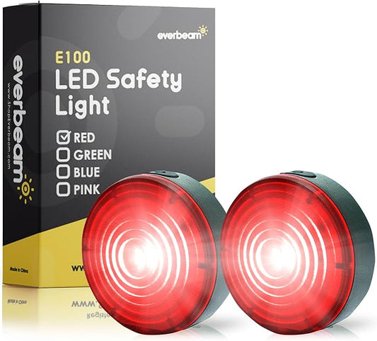 Everbeam E100 LED Safety Lights for Walking at Night - Waterproof Bike Light Excellent for Runners, Cycling, Dog Walking, Kayaking-Bright Clip On LED Light, Many Straps for Wearing - 2 Pack, Red