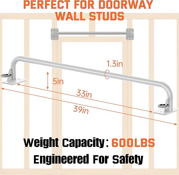 36" Heavy Duty Pull Up Bar Wall/Joist Mounted, 600 LB Capacity, Multi-Grip Bar for Garage & basement rafter Use - All-in-One Workout Station with Carabiners & Space-Saving Design
