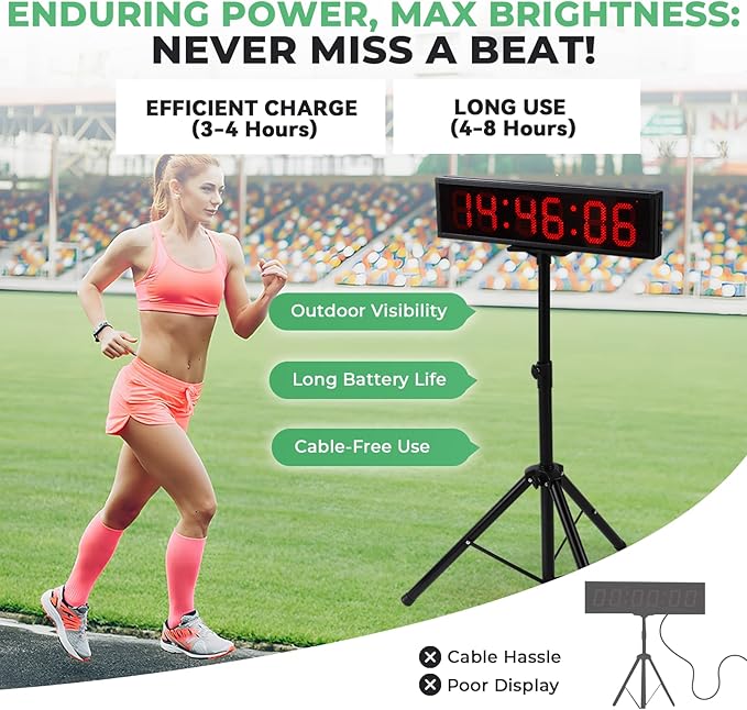 6.4FT High LED Large Timer 30" Race Clock with Tripod Cordless Countdown/up Clock Stopwatch with IR Remote Control for Sports Race, Running Events, Marathon