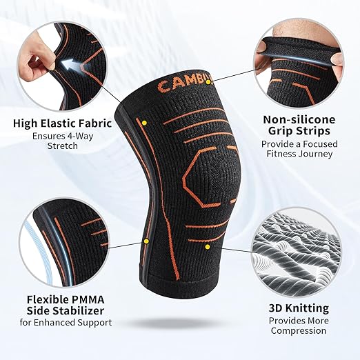 CAMBIVO Knee Brace for Women and Men with Side Stabilizer 2 Pack, Lightweight Knee Compression Sleeves for Knee Pain Relief, Knee Sleeves for Running, Workout and Daily Activities (Black, Medium)