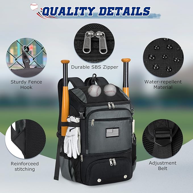 RAINSMORE Baseball Backpack, Lightweight Softball Bag with Shoe Compartment Baseball Bag for Youth & Adult Softball Bat Bag with Fence Hook Helmet Holder Sports Backpack for T-Ball