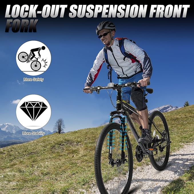 26/27.5" Mountain Bike 21 Speed Bikes for Adults, Men & Women Mountain Bike with High Carbon Steel Frame, All-Terrain Tires, Double Disc Brake and Suspension Fork