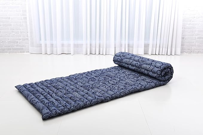 Leewadee - Foldable Floor Mattress - Japanese Roll Up Futon -Trifold Tatami Mat- Guest Floor Bed - Camping Mattress - Thai Massage Mat, Kapok Filled, 75 x 28 inches, Blue White
