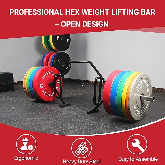 Olympic 2-Inch Hex Weight Lifting Trap Bar with Long and Rotating Sleeves, 500-Pound Capacity, Open Design, Alloy Steel, Chrome