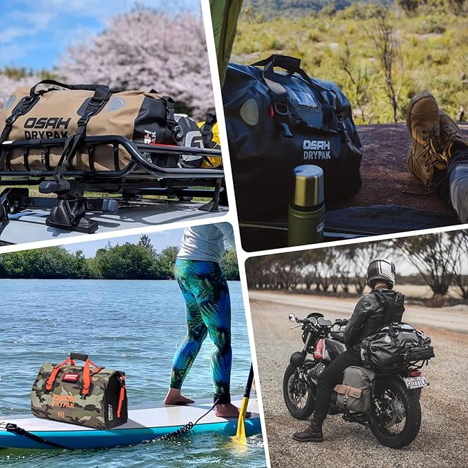 Waterproof Duffel& Luggage Bag - Motorcycle Dry Bag Tail Saddle Bags with Roll Top Closure,Large Storage Space,for Camping, Kayaking, Fishing & Traveling(MudBrown, 60L)