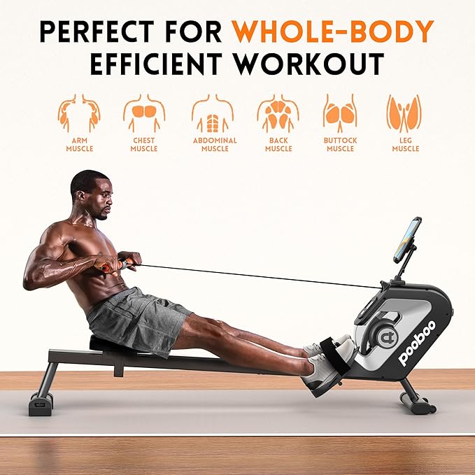 pooboo Rowing Machine, Max 350 LBS Magnetic Rower with LCD Monitor, Tablet Holder, Upgraded Rowing Machines for Home use