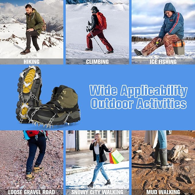 24 Spikes Crampons for Shoes, Anti Slip Ice Cleats for Shoes and Boots, Traction Ice Snow Grip with Stainless Steel Spikes and Silicone Men Women for Hiking, Walking, Climbing, Jogging,Fishing