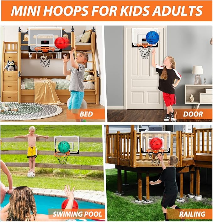 Pro Indoor Mini Basketball Hoop Set for Kids Adults, Over Door Automatic Scoring Basketball Hoop with 4 Rubber 6" Balls, Boost Wall Mount Basketball Hoops with Electronic Scoreboard Large Dunk Rim