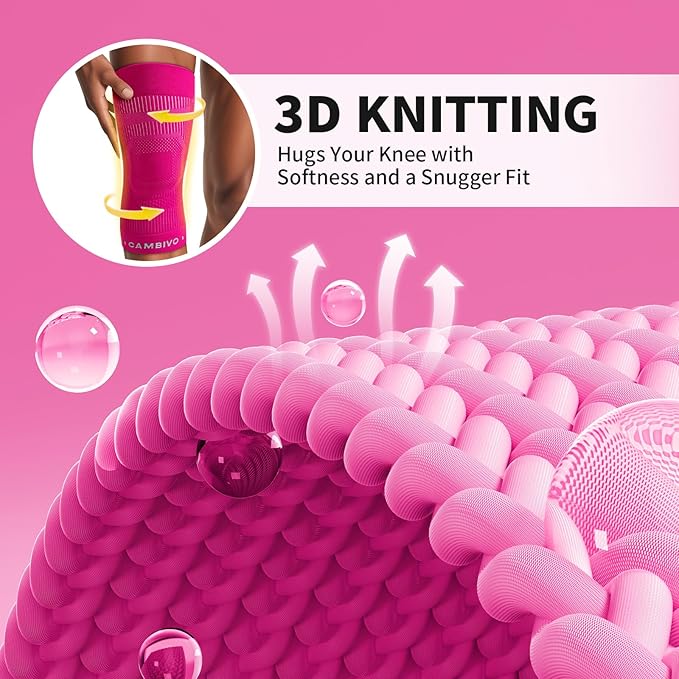 CAMBIVO Elite Motion Series Knee Brace for Women and Men (2 Pack), Ultra-Thin Lightweight Knee Compression Sleeve with Reflective Design for Pain Relief, Running, Workouts, Daily Use (Hot Pink, Large)