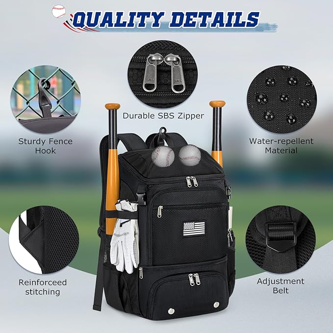RAINSMORE Baseball Backpack, Lightweight Softball Bag with Shoe Compartment Baseball Bag for Youth & Adult Softball Bat Bag with Fence Hook Helmet Holder Sports Backpack for T-Ball