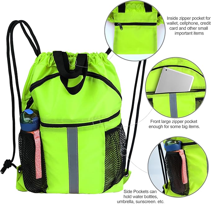 BeeGreen Drawstring Backpack Bag with Shoe Compartment, X-Large Black Gym Sports String Cinch Backpack