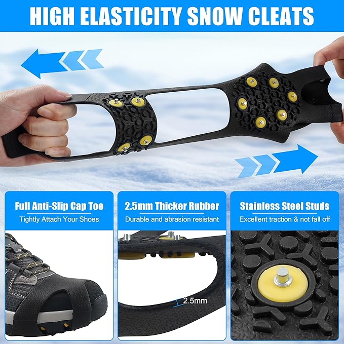 Ice Snow Cleats for Shoes Boots Non Slip Ice Cleats Overshoe for Walking on Snow and Ice Rubber Crampons with 10-Stud Ice Rubber Cleats Slip-on Stretch Footwear