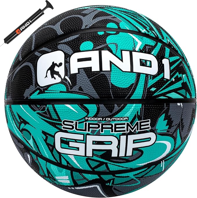 AND1 Supreme Grip Official Regulation Size 7 (29.5 inches) Rubber Basketball - Deep Channel Construction Streetball, Made for Indoor Outdoor Games