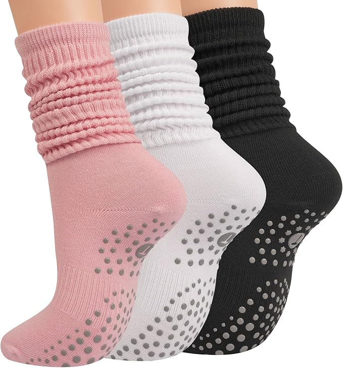 Grip Pilates Socks for Women, Yoga Slouch Socks with Grip for Barre Workout Hospital Long Scrunch Slipper Socks