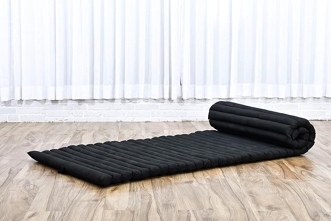 Leewadee - Foldable Floor Mattress - Japanese Roll Up Futon -Trifold Tatami Mat- Guest Floor Bed - Camping Mattress - Thai Massage Mat, Kapok Filled, 75 x 28 inches, Black