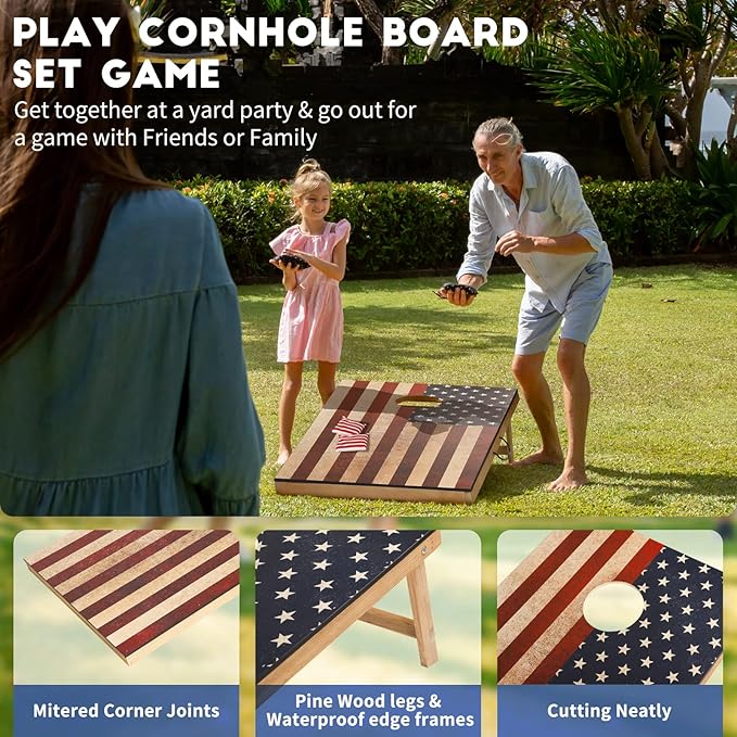 Cornhole Set, Corn Holes Outdoor Game, Regulation Cornhole Boards, Portable Cornhole Set, Classic American Flag Cornhole Set Includes 2 Boards, 8 Cornhole Beans Bags & Carry Case