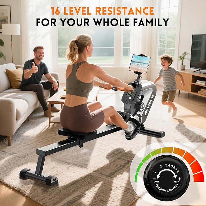 pooboo Rowing Machine, Max 350 LBS Magnetic Rower with LCD Monitor, Tablet Holder, Upgraded Rowing Machines for Home use