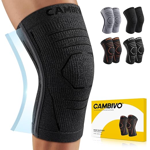 CAMBIVO Knee Brace for Women and Men with Side Stabilizer 2 Pack, Lightweight Knee Compression Sleeves for Knee Pain Relief, Knee Sleeves for Running, Workout and Daily Activities (Black, X-Large)