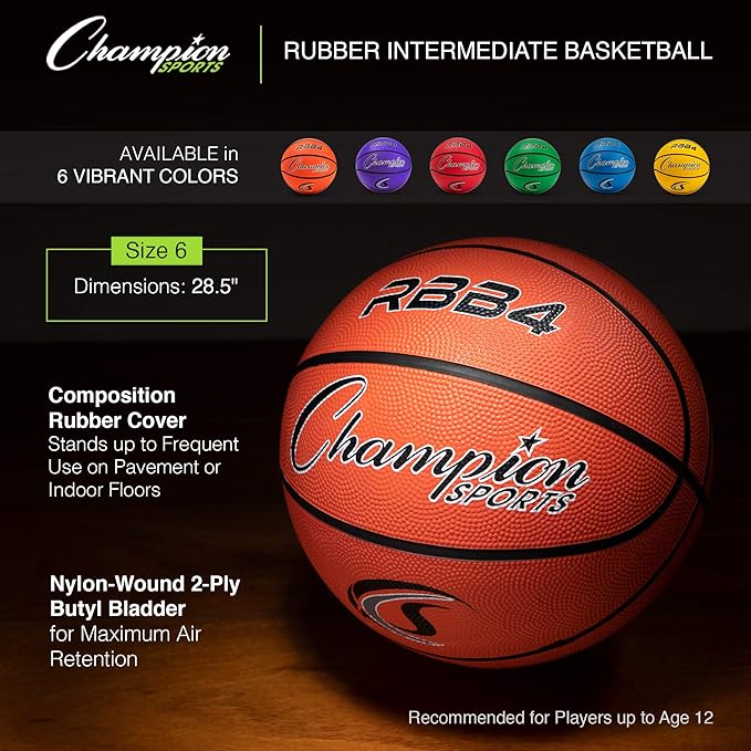 Champion Sports Rubber Basketballs – Heavy Duty Pro-Style, Indoor/Outdoor Use, Premium Basketball Equipment for Physical Education, Various Sizes & Colors (Size 3, 5, 6, 7)