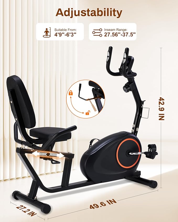 Recumbent Exercise Bike for Home with Quiet 16 Levels Magnetic Resistance, Recumbent Bike for Seniors & Adults with 400LBS Weight Capacity, Large Comfortable Seat, Backlit LCD Monitor, and Pulse Sensor