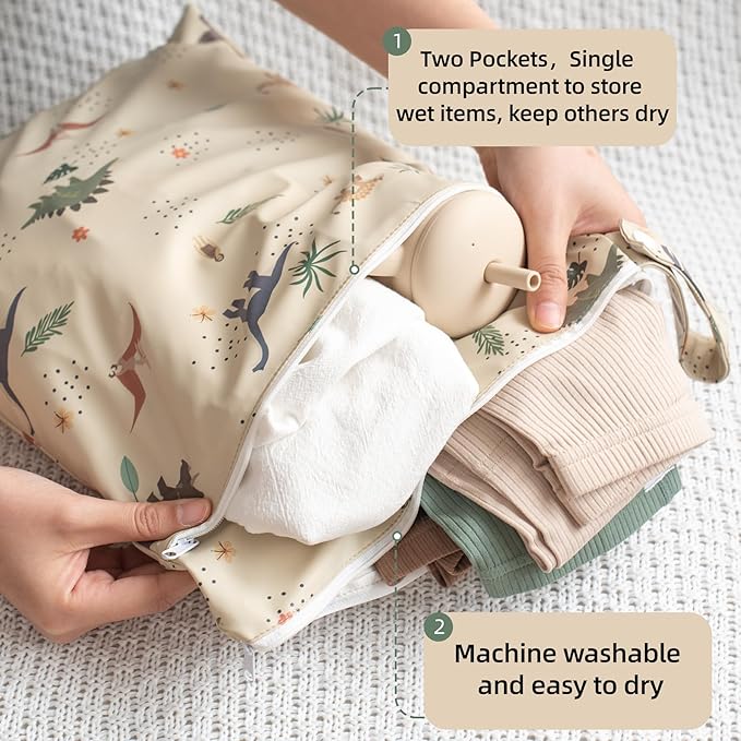 Wet Dry Bag Waterproof Wet Bags Baby Diaper Bag with Handle Reusable with Two Zippered Pockets Travel Beach Pool Daycare Baby Diapers Bag for Swimsuits or Wet Clothes, Dinosaur