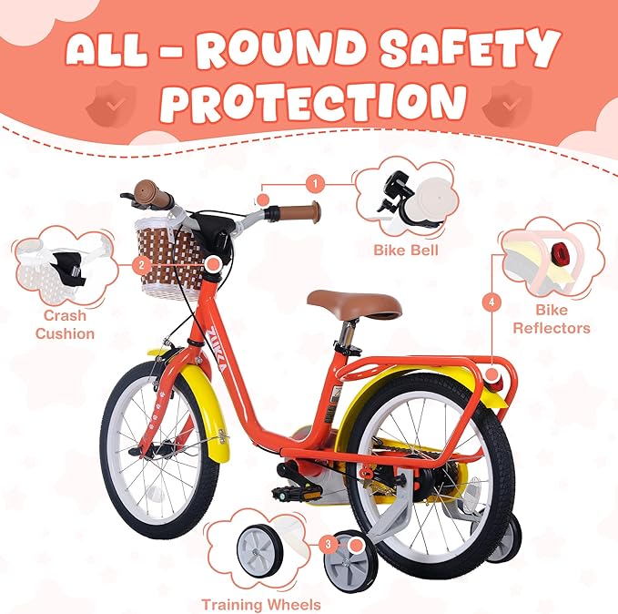 Kids Bike 16 inch Boys Girls Ages 4-7 Years Old Cruiser Bicycle with Woven Basket Single Speed for Youth Caliper Brake Band Brake Rear Rack Included Multiple Colors