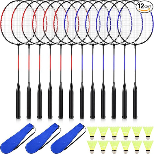 12 Pack Badminton Rackets Set Including Rackets, Nylon Shuttlecocks and Carry Bag for Outdoor Backyard Games Beginners