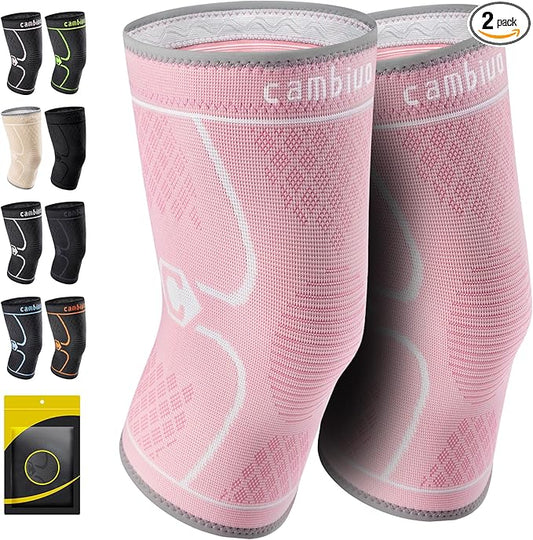 CAMBIVO 2 Pack Knee Brace, Knee Compression Sleeve for Men and Women, Knee Support for Running, Workout, Gym, Hiking, Sports (Rose,Large)