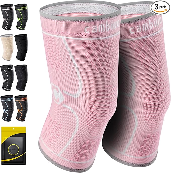 CAMBIVO 2 Pack Knee Brace, Knee Compression Sleeve for Men and Women, Knee Support for Running, Workout, Gym, Hiking, Sports (Rose,Medium)