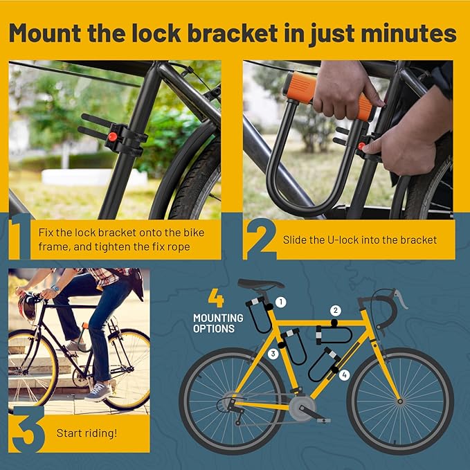 Bike U Lock - Sigtuna Bike Lock Cut Resistant, Heavy Duty Anti-Theft with 4ft/1.2m Cable, Bicycle Lock Made in Cut-Resistant Special Steel with Sturdy Mounting Bracket for Bikes, Ebikes, Scooters.