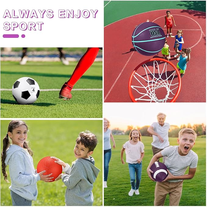 Deekin 4 Pcs Sport Balls Set for Kids Teens, Include Official Size 5 Basketball 4 Soccer 6 Football Playground Ball and Pump Sports Equipment Bag Recess Equipment Sport for Students(Purple, Teal)