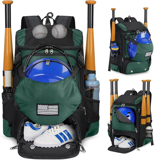RAINSMORE Baseball Backpack, Lightweight Softball Bag with Shoe Compartment Baseball Bag for Youth & Adult Softball Bat Bag with Fence Hook Helmet Holder Sports Backpack for T-Ball