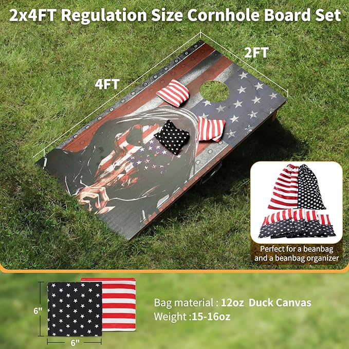 Cornhole Set, Corn Holes Outdoor Game, Regulation 2X4 Cornhole Boards, Portable Cornhole Set, Classic American Flag Cornhole Set Includes 2 Boards, 8 Cornhole Beans Bags & Carry Case
